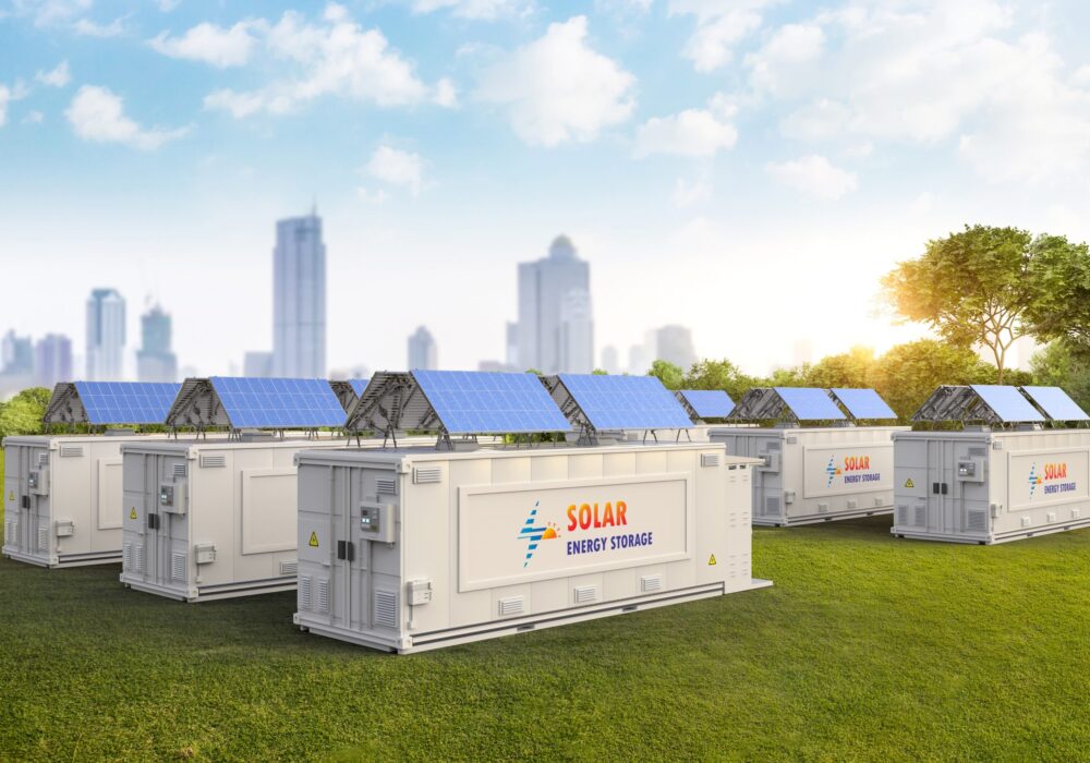 3d rendering energy storage system or battery container unit with solar power